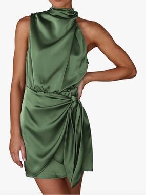 Satin Olive Green Halter Tie-Waist Mini Dress